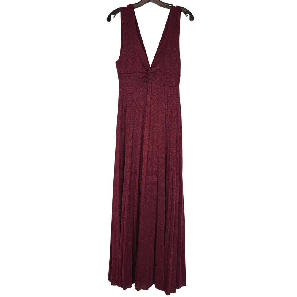 Red Glitter Maxi Gown‎ Burgundy Metallic Pleated Knot Front Popover Dress Medium